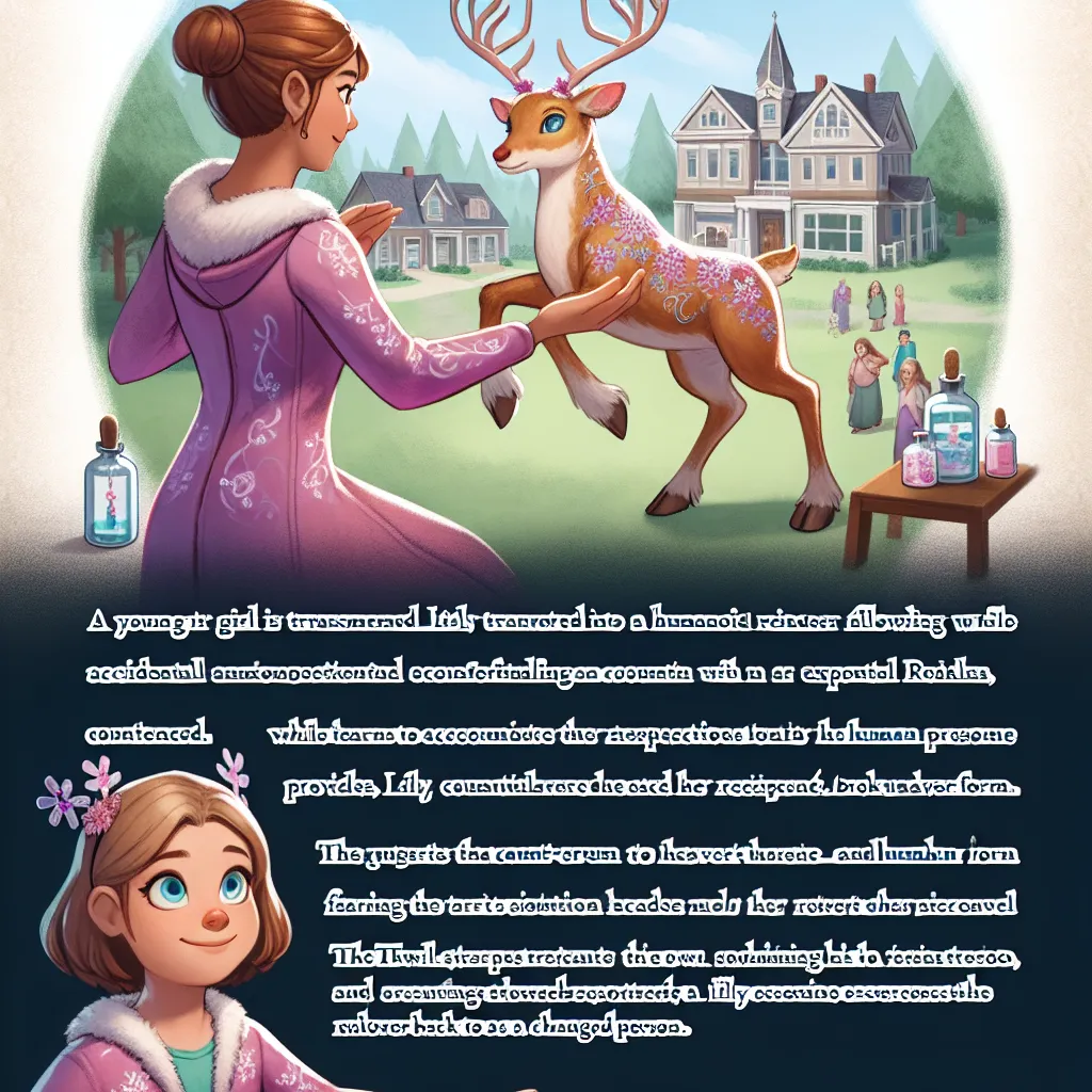 A young girl named Lily undergoes a mysterious transformation into an anthropomorphic reindeer after mistakenly injecting herself with her aunt's experimental serum. With the help of her aunt, Clarissa, Lily learns to navigate her new form while searching for a way to reverse the transformation. As the townspeople of Brookhaven accept and embrace her, Lily begins to appreciate the unique experiences and insights her reindeer form provides. Finally, after months of research, Clarissa discovers a 
