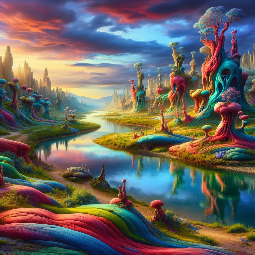 A surreal landscape adorned with vibrant colors and strange rock formations. A peaceful river winds its way through the scene, reflecting the dramatic sky overhead.