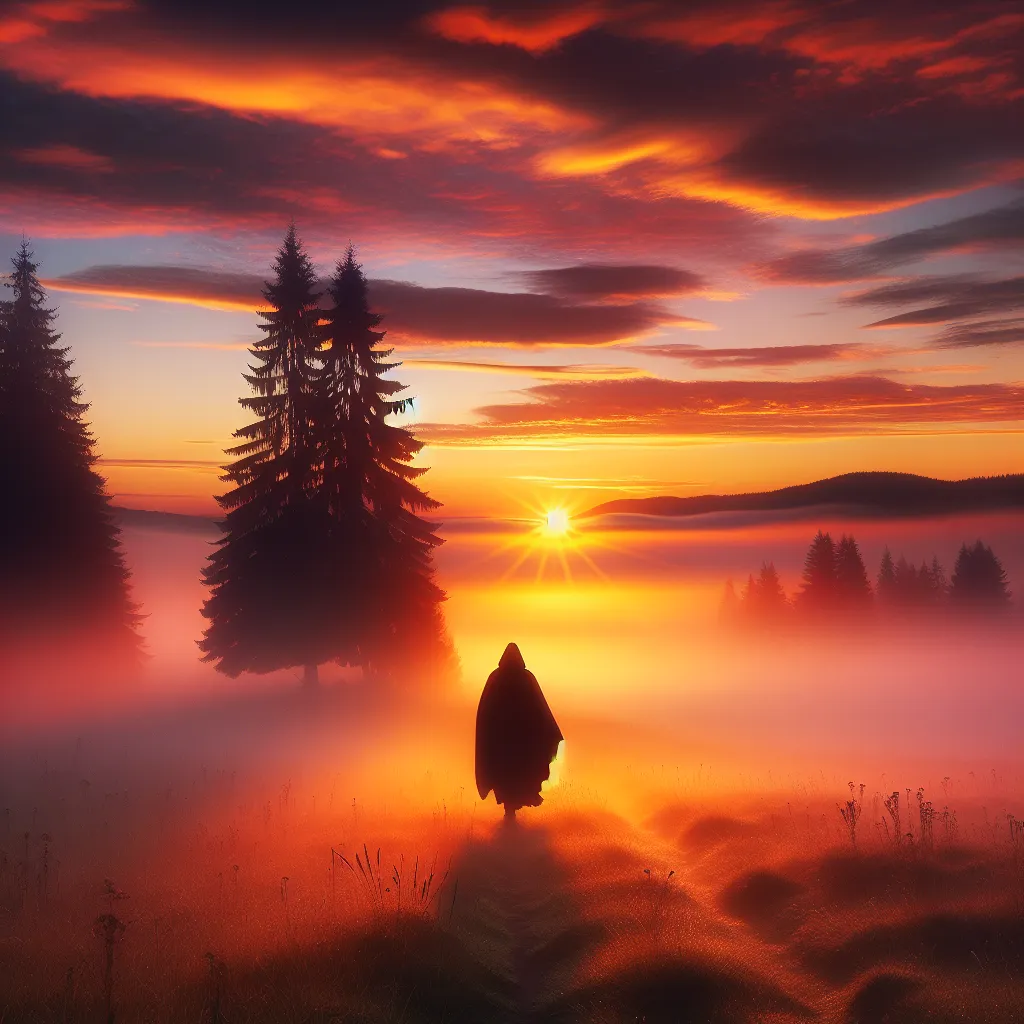 A beautiful sunrise over a serene, mist-covered meadow, with a lone figure walking towards the horizon.
