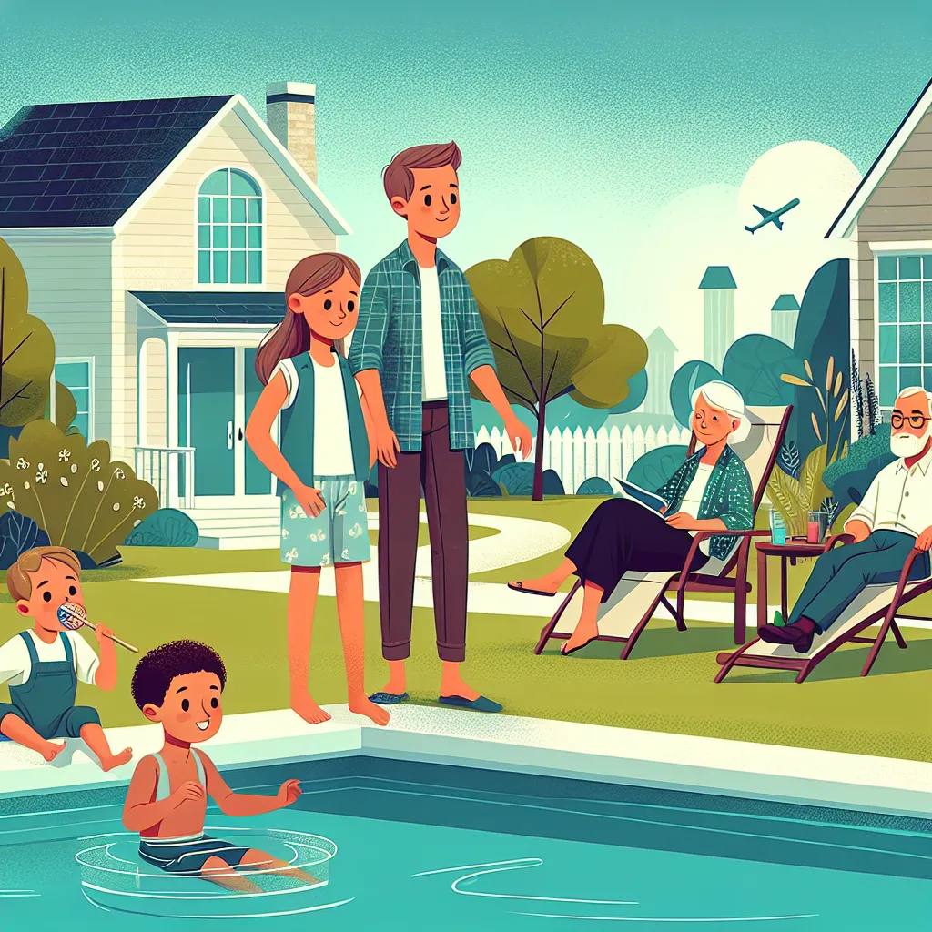 The image should depict a young boy named Daniel, his mom Jessica, his grandmother Geraldine, and his aunt Sarah in a suburban backyard. Daniel and his friend Lily are playing in a pool while Sarah reclines in a lounging chair nearby. Sarah's husband, Dave, can be seen in the background. The overall atmosphere should be relaxed and sunny, but with a hint of tension.