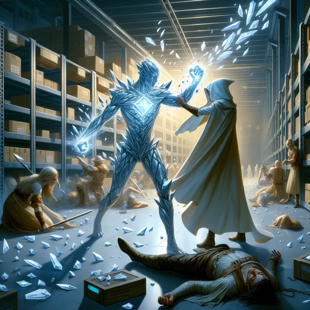 A dramatic scene in a dimly lit warehouse, where Angel and Gwen face off against Charmcaster. Angel, transformed into Diamondhead, battles Charmcaster with shards of crystal while Gwen, chained to a pillar, watches with a mix of hope and fear. Finally, Angel unleashes a powerful shockwave, shattering Charmcaster's summoned creatures. Exhausted but relieved, Angel frees Gwen and heals her using the Omnitrix. Gwen, now empowered, puts Charmcaster into an enchanted sleep. As they leave the warehous