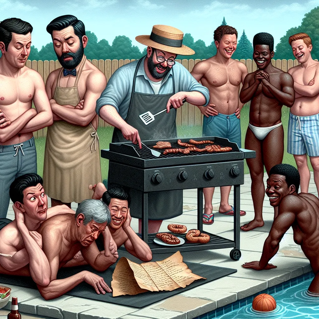 Image Description: 
The image depicts a pool party scene with a group of friends gathered around a swimming pool. A man stands by a grill with a spatula in hand, looking concerned and overwhelmed. Meanwhile, three other men huddle together, holding a worn piece of parchment, with mischievous expressions on their faces. In the center of the image, a woman, possessed by one of the men, struts around with exaggerated hip movements, while the other two men watch in amusement. The image captures the 