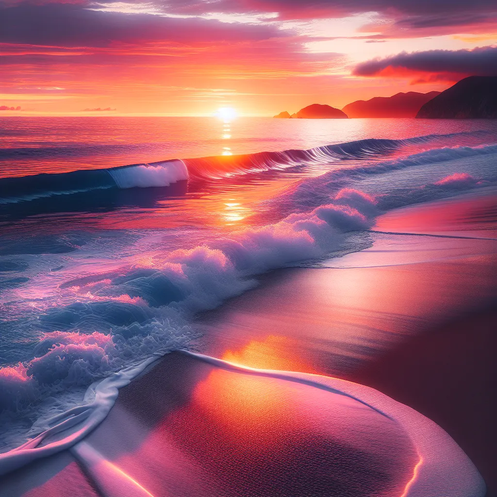 A serene beach at sunset, with gentle waves crashing on the shore as vibrant hues of orange and pink reflect off the water.