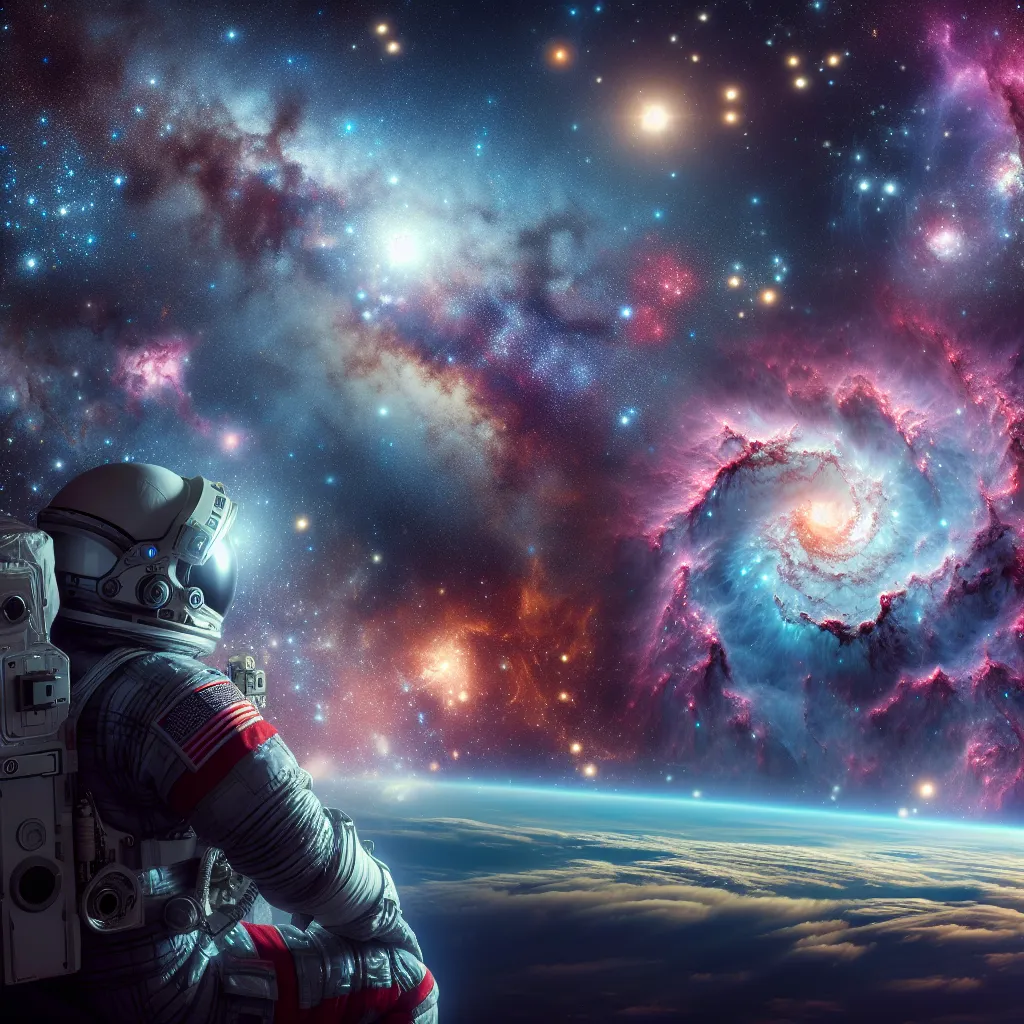 An astronaut gazes at a distant galaxy while floating in the vast darkness of space, surrounded by sparkling stars and colorful nebulae.