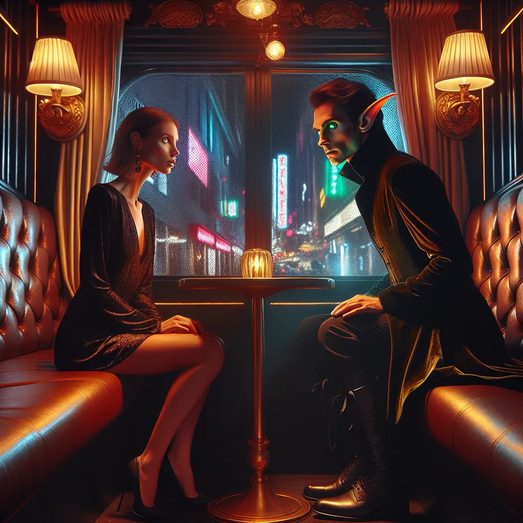 A woman sits in a private nightclub booth, anxiously waiting for a mysterious elf to arrive. As he finally appears, a charged atmosphere fills the room, stirring a mix of fear, excitement, and longing between them, setting the stage for a new and captivating romance to unfold in the heart of the city night.