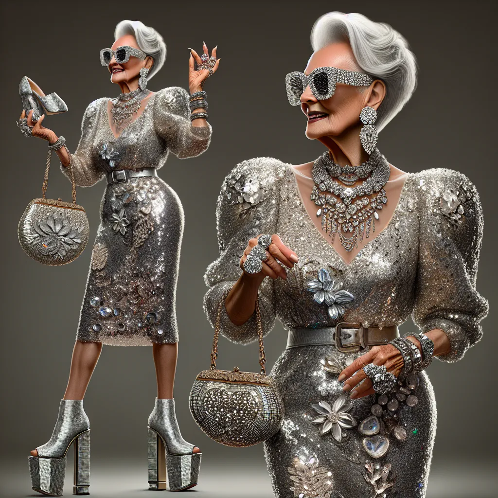 A digitally rendered image of an elderly woman named Evelyn, wearing a silver sequinned dress, sparkly platform sandals, and a bejeweled silver purse. She is stylishly adorned with expensive jewelry and holds a pair of oversized, crystal-adorned sunglasses.