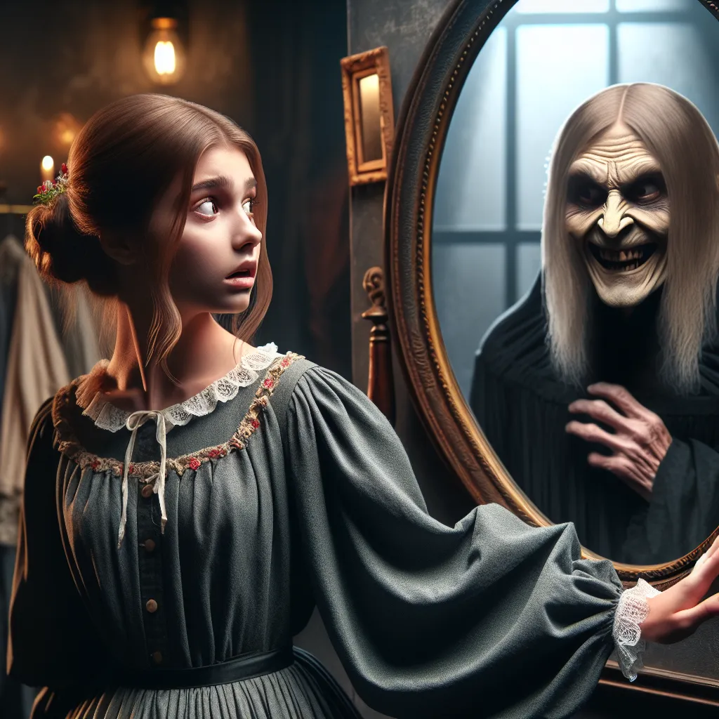 An unsettling image of a young woman staring in horror at her reflection, only to see the leering face of an old man looking back at her. The scene captures the essence of a horror story titled "The Witch's Skin" involving a dark tale of magic, body swapping, and the dissonance of identity.