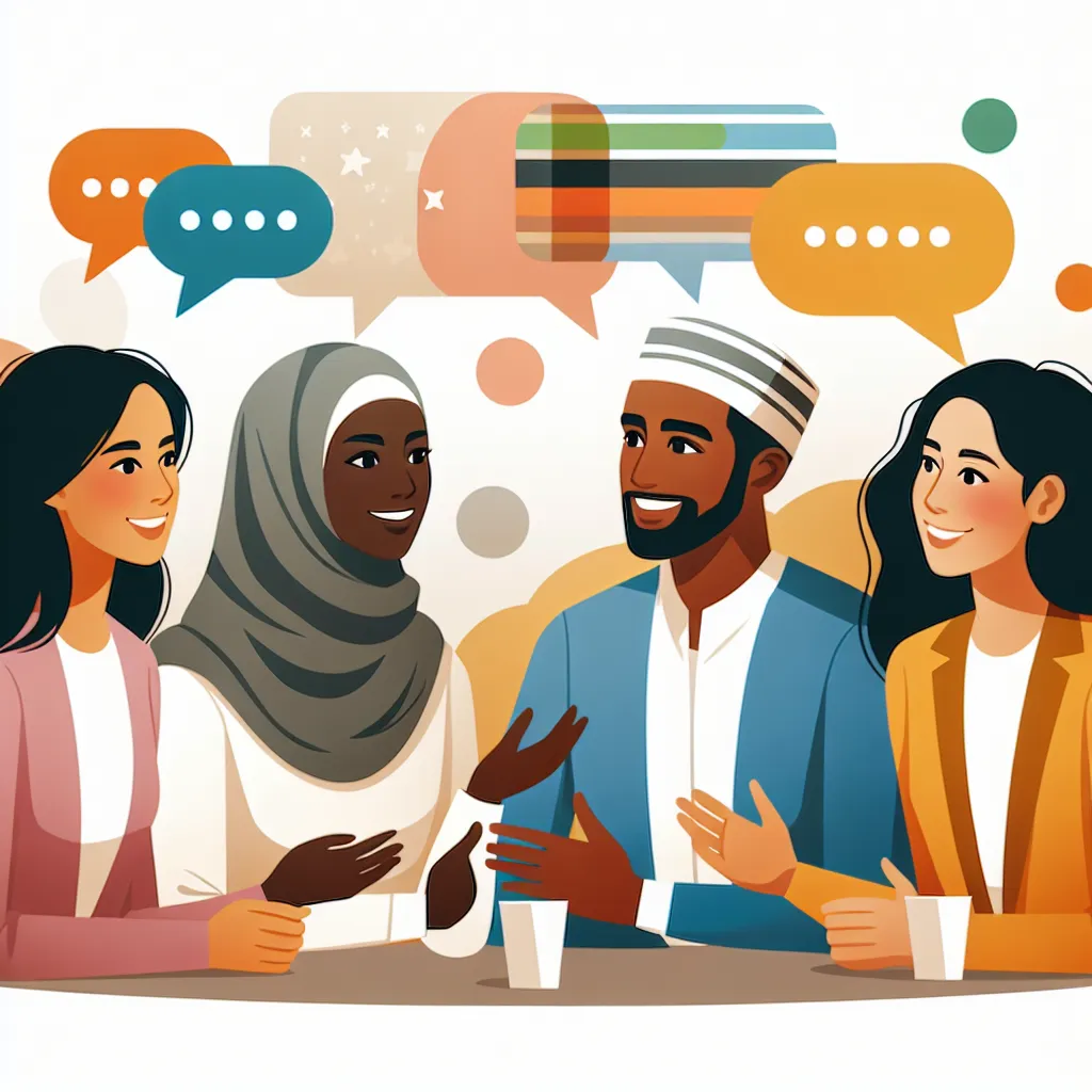 An image showing a diverse group of people engaging in a lively conversation, symbolizing inclusivity, diversity, and active communication.