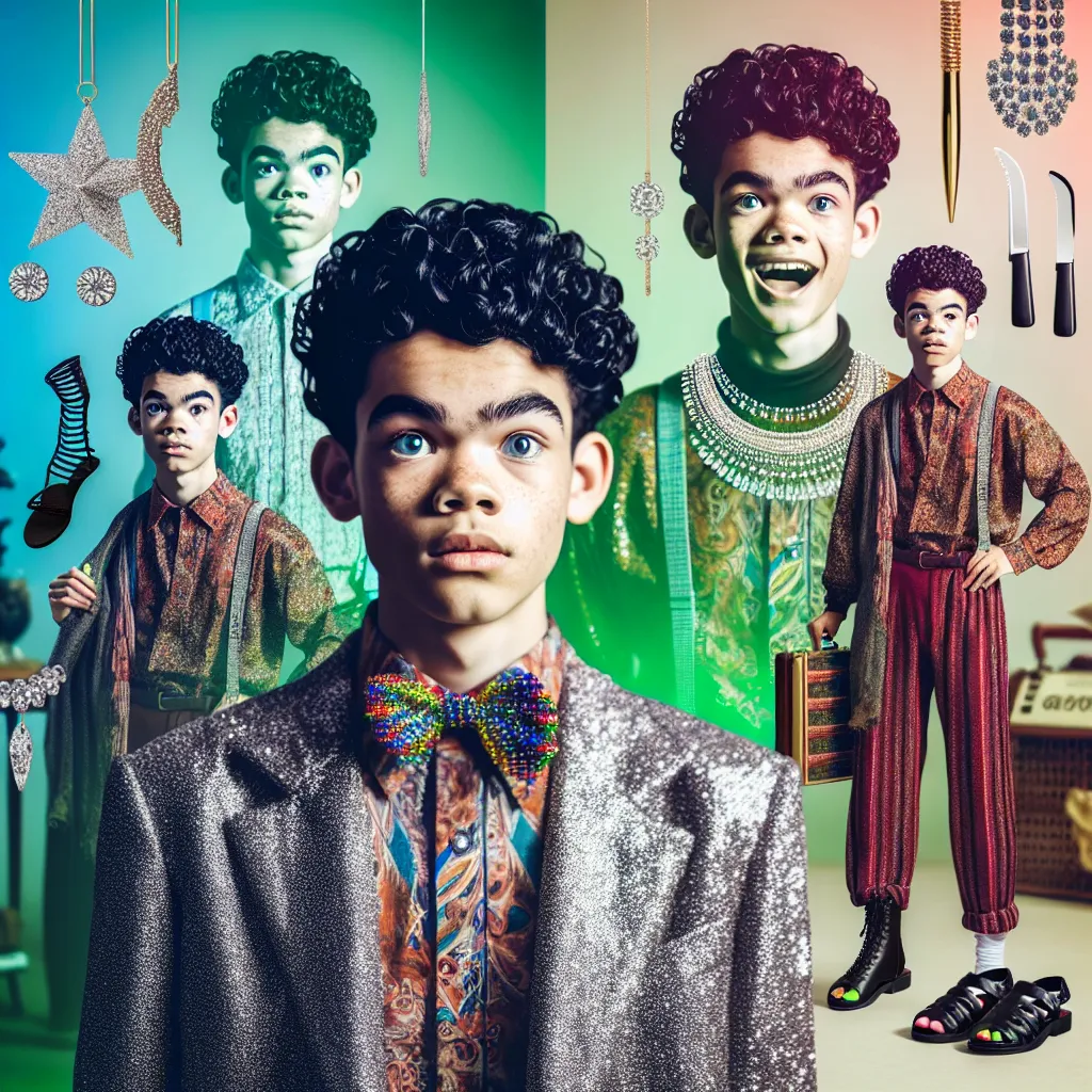 Image of a young boy transforming into a confident, glamorous woman named LaToya, as he tries on her clubbing dress, sandals, and accessories in a messy bedroom. The boy's features gradually change to match LaToya's, including curly jet-black hair, sparkling jewelry, and neon-green polished nails. He appears shocked and out of place, surrounded by feminine items as the transformation progresses.