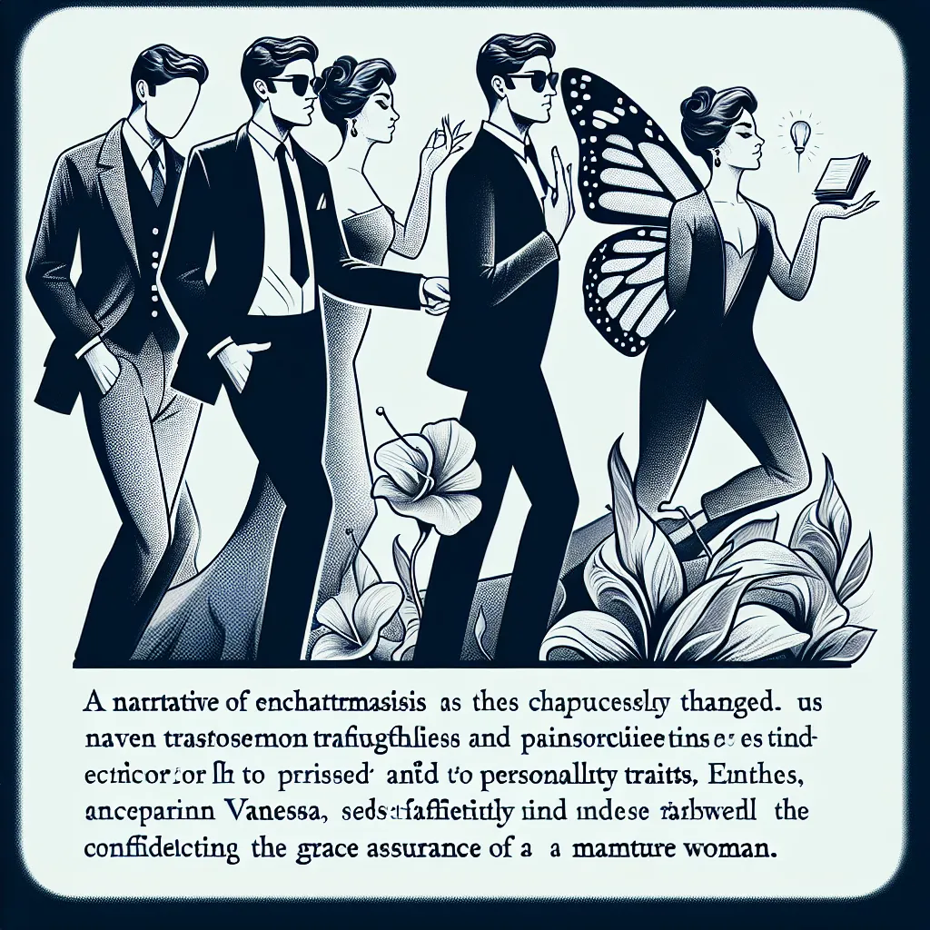 A tale of magical transformation unfolds as Ethan Clark finds himself gradually changing into the sophisticated Vanessa Hayes, complete with fashionable attire and elegant accessories, ultimately stepping into a newfound world with the graceful confidence of a mature woman.