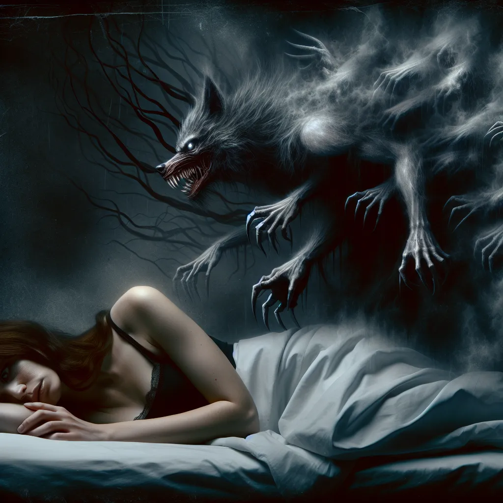 An image of Naruto's sinister transformation, depicting a tormented Naruto lying in bed, surrounded by a dark, eerie atmosphere. In the image, Naruto's physical features gradually shift, displaying aspects of femininity, while Kurama, the Nine-Tails Fox, looms menacingly in the background, his malevolent aura permeating the scene. The image captures the sense of fear and despair as Naruto's identity and reality are twisted and distorted by Kurama's sinister game.