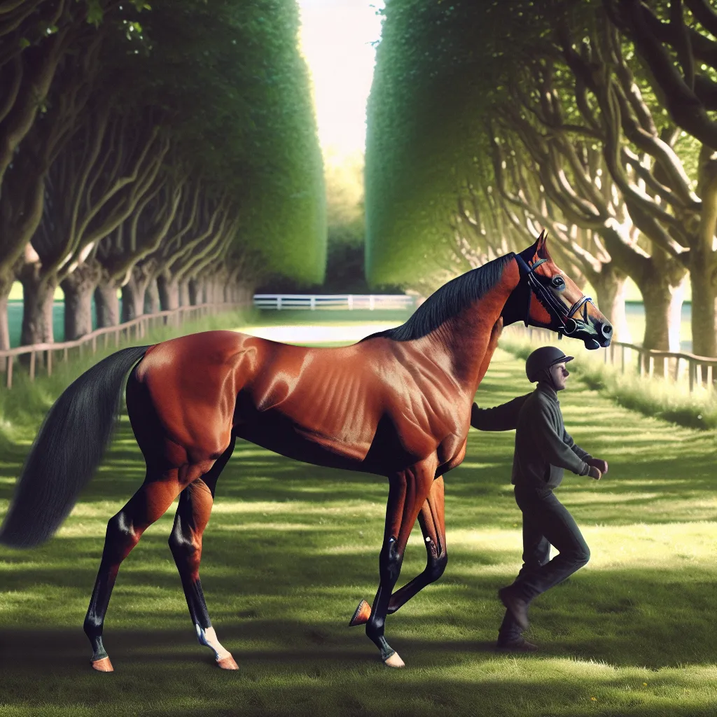 A chestnut filly, transformed from a man named Steven, stands victorious after winning a race. The tranquil grove serves as the backdrop for this unexpected transformation and the ensuing race that Steven had no choice but to win. The image captures the filly in mid-stride, her coat gleaming in the sun, with the jockey dismounted nearby.