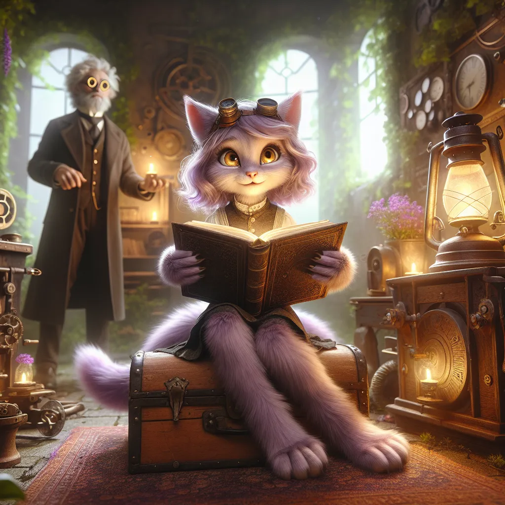 Description: "In this image, a young girl with lavender fur and feline features crouches beside an old, wooden chest. She holds a silk-bound book in her dexterous paws, her golden eyes filled with wonder and excitement. The room around her is filled with the glow of old machines and contraptions, while an enigmatic inventor, her round spectacles reflecting the light, hovers in the background. The scene is framed by ivy-covered walls and a garden filled with wildflowers, hinting at the extraordin