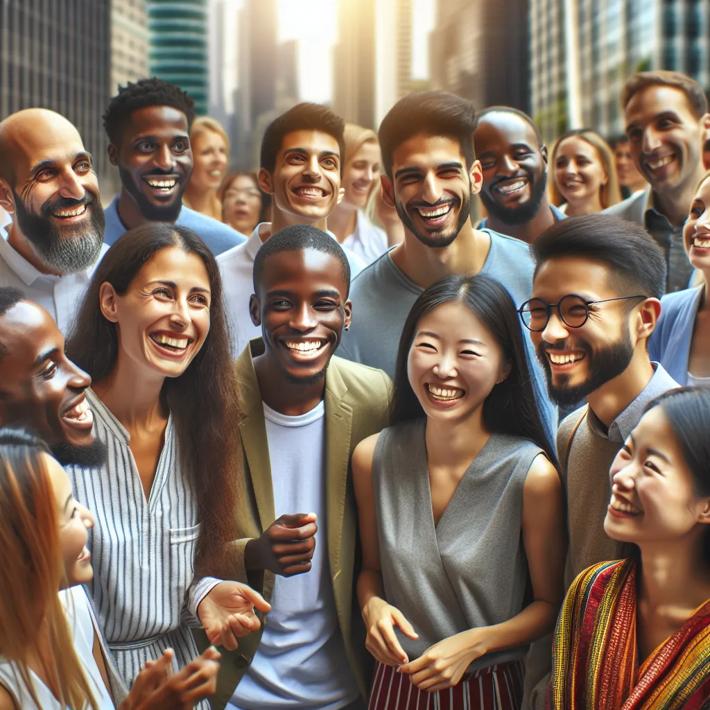 In a bustling city, a diverse group of individuals of different ethnicities and backgrounds are gathered together, engaged in a lively conversation with smiles on their faces.