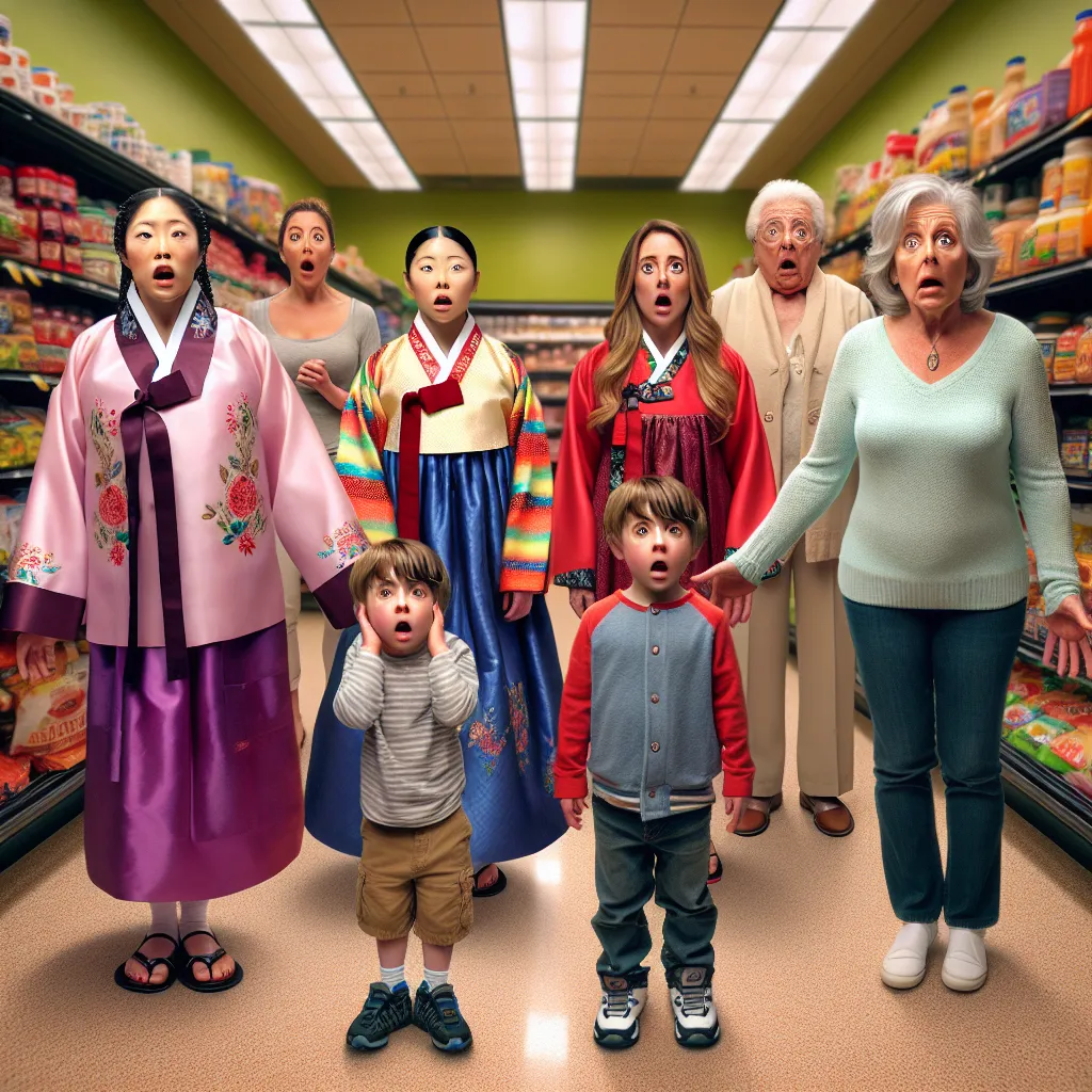 A 4-year-old boy named Liam, his mom Jessica, and grandma Patricia encounter a Korean family in a grocery store, leading to a heated debate. Suddenly, Liam's consciousness switches with Mrs. Kim, the elder Korean woman, causing confusion and introspection. This image depicts the moment their minds swap bodies, showing Liam in Mrs. Kim's attire and Mrs. Kim in Liam's young form, capturing the shock and disorientation of the unexpected switch.