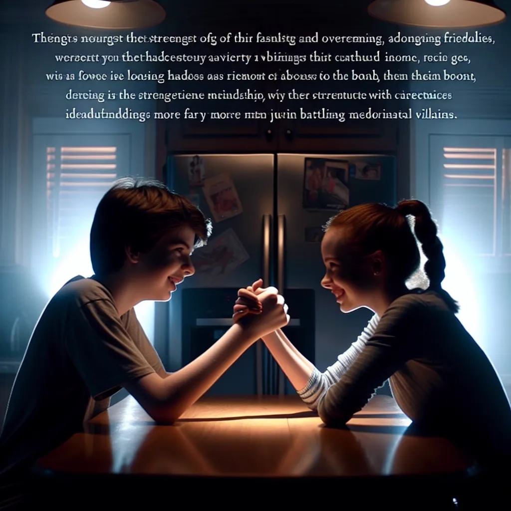 A teenage boy and girl sit across from each other at a kitchen table, the soft glow of the refrigerator casting a warm light on their faces. They share a moment of camaraderie, their connection deepening as they lock eyes. In a bold move, the boy leans in and kisses the girl, and they both laugh at the resulting awkwardness. Their smiles are filled with joy and budding affection as they realize the bond they share is something special. They sit hand in hand, ready to face whatever adventures com