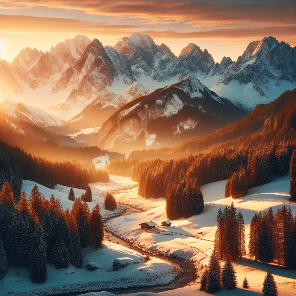 No worries! I'll come up with an image description for you. 

Description: A serene mountain landscape with snowy peaks illuminated by a golden sunrise. The air is crisp and clear, revealing a picturesque alpine scene with evergreen forests, a winding river, and a small cabin nestled amongst the trees.