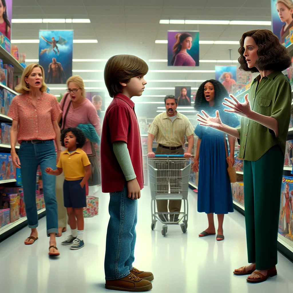 The image will depict a young boy named Eli standing in a toy aisle at a department store, looking down at his transparent hands in shock. His mother, Katherine, is nearby shopping, unaware of his distress. Another family, led by a woman named Josefina and her daughters Mariana, Camila, and Sofia, enters the scene, with Mariana and Eli (now transformed into Josefina) engaged in a heated argument. The setting captures the moment of the mysterious swap between Eli and Josefina, with a mix of confu