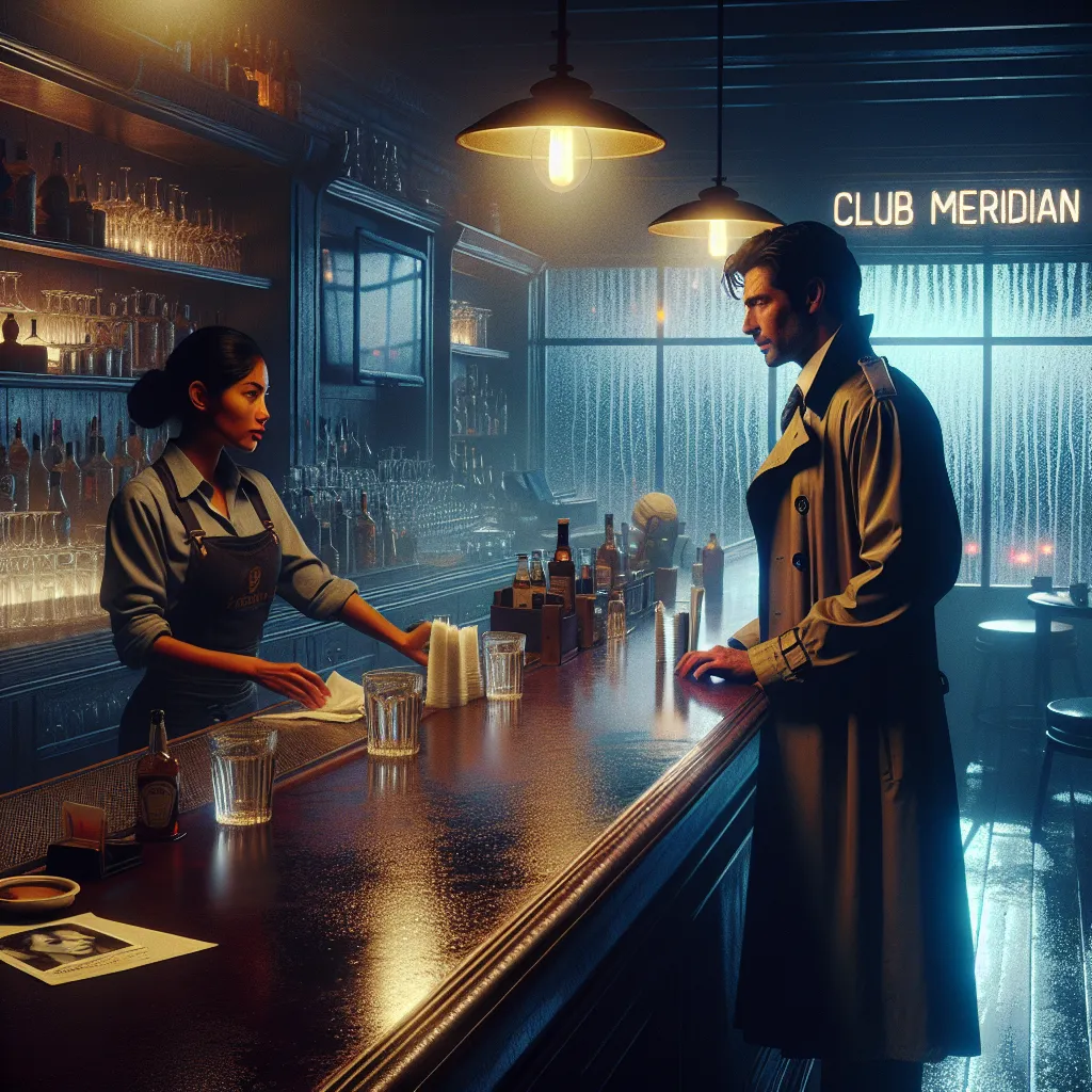 A mysterious scene inside Club Meridian after hours: a somber atmosphere, a lone bartender Dani Alvarez cleaning up, rain outside, and a man named Matt Lin returning to the bar, sparking a conversation about a missing woman named Amelia.
