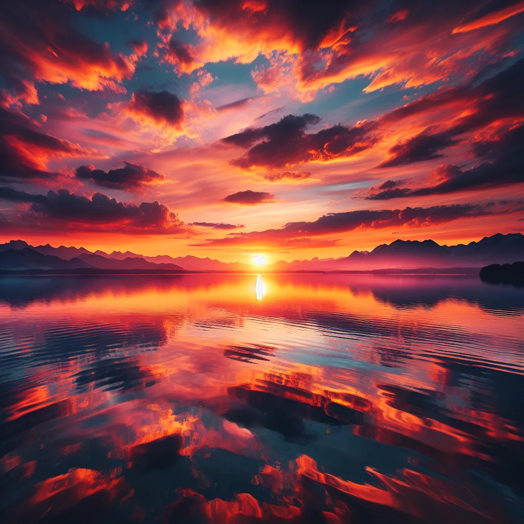 A breathtaking sunset over a vast, serene lake, casting warm hues of orange and pink across the water and reflecting the serene beauty of nature.