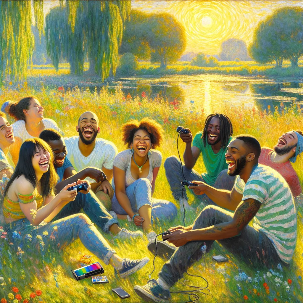 Friendship, Transformation, Humor, Identity, Gaming in the style of Monet