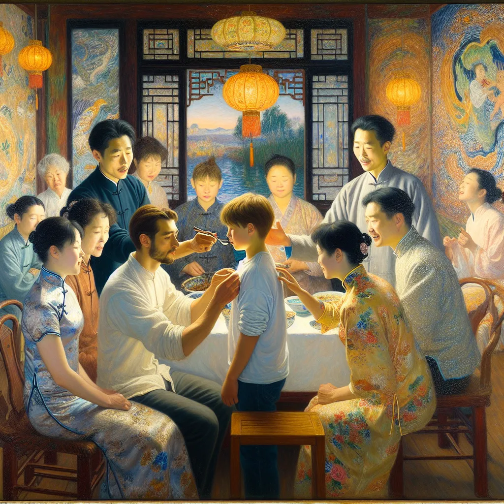 Boy, Transformation, Family, Mandarin, Identity in the style of Monet