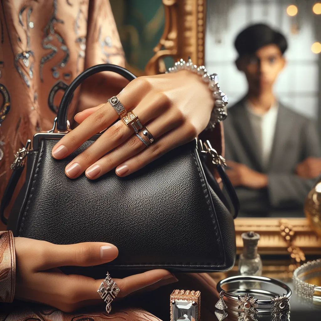 An image to accompany this story could be a close-up of a woman's hands holding a designer black leather purse with silver accents. The hands have a feminine manicure and are adorned with several pieces of jewelry, including a gold wedding ring, diamond stud earrings, a silver charm bracelet, and a gold necklace with a heart pendant. The background could have a mirror with a reflection of a young boy looking back with confusion and concern.