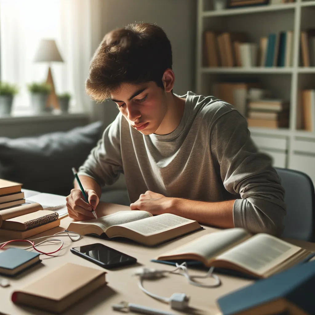 The image depicts a young adult student sitting at a desk in a clutter-free, serene environment. The student is engrossed in their studies, with textbooks and notebooks open, while electronic devices remain untouched and unplugged nearby. Soft natural light illuminates the scene, emphasizing focus and concentration.