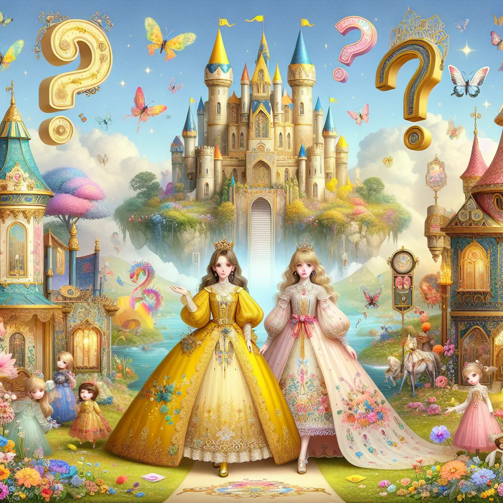 A magical scene unfolds as a vivid world of fantasy comes to life: a playful yellow castle, floating question-mark boxes, and colorful landscapes abound. In the center stands Princess Daisy, adorned in regal attire and exuding confidence, ready for adventure with her friend Peach by her side.