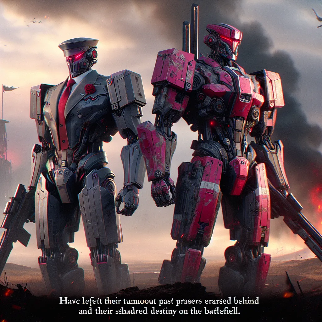 In the image, two imposing figures stand in a war-torn landscape. They are cybertron transformers, armored in shades of pink and gray, and red and black. One is a dapper gentleman, the other a determined warrior. They have left their demonic pasts behind, their memories erased. Now, as they embrace their new identities as noble Autobots, they prepare to face their shared destiny on the battlefield.