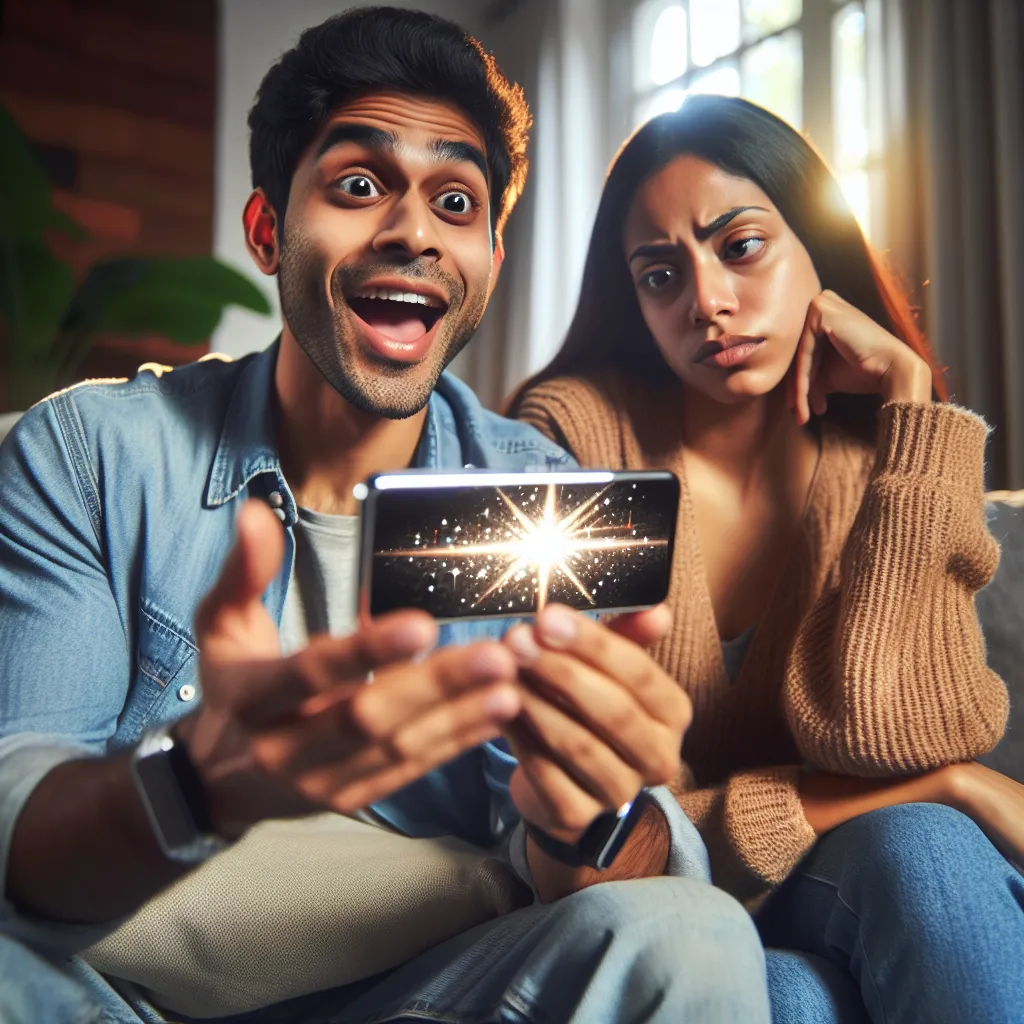 The image will depict a young couple sitting on a couch, with the man holding up a shiny gadget, excitedly explaining its capabilities to his skeptical girlfriend.