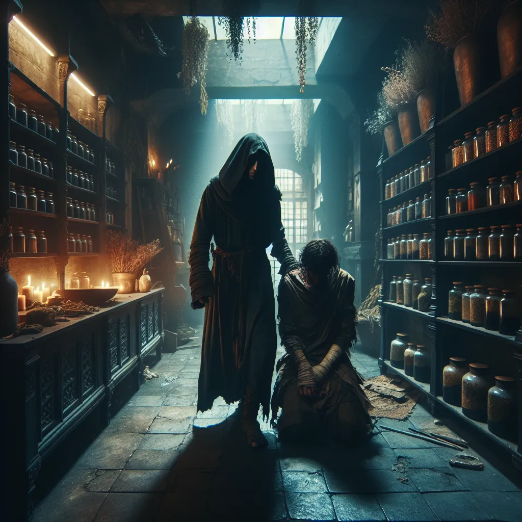 A mysterious figure and their wounded companion seek refuge in an underground herbal medicine shop. Shadows and secrets lurk as they find temporary solace amidst a backdrop of danger and uncertainty in the city.