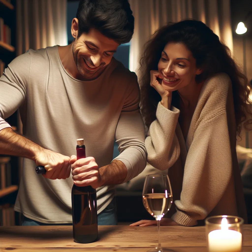 A cozy evening in a softly lit apartment, a man struggles with a wine bottle cork while a woman watches with amusement. They share a victorious moment as the wine pours into glasses, their quiet intimacy captured in the warm glow.