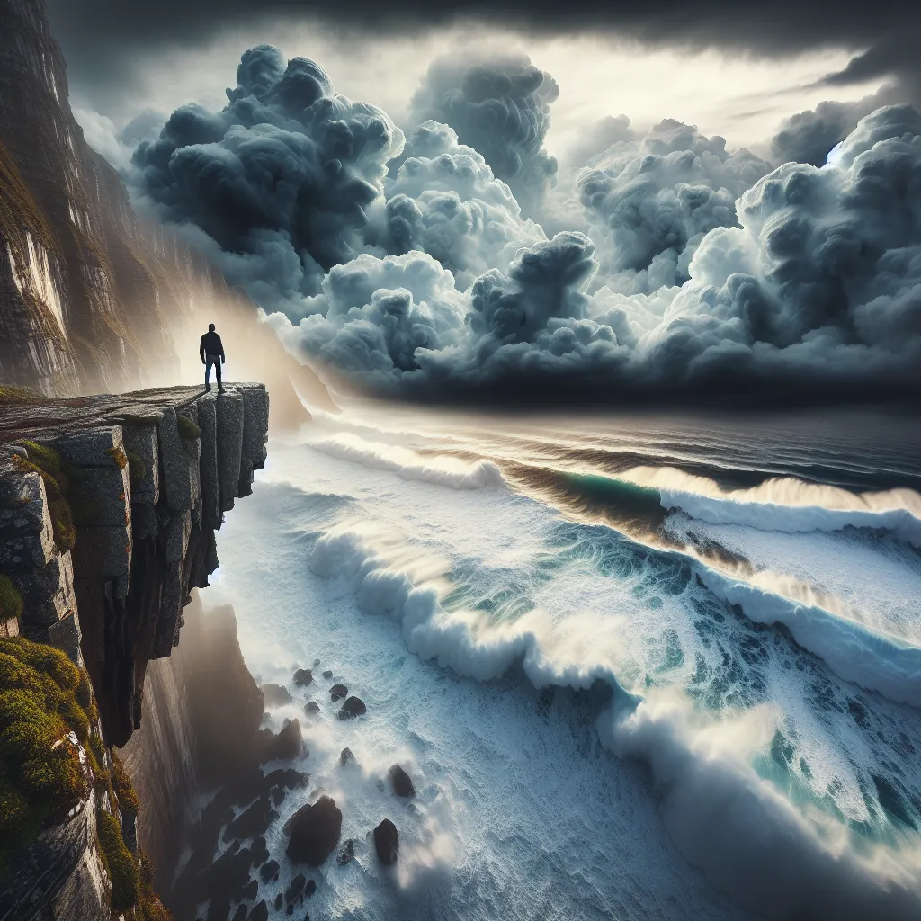 A lone figure stands on the edge of a cliff, overlooking a vast and tumultuous ocean. The stormy clouds above and crashing waves below create a scene of dramatic power and uncertainty.