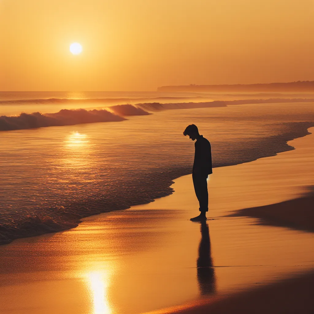 A serene beach scene at sunset, with golden hues reflecting off the calm waves. A lone figure stands at the water's edge, lost in thought.
