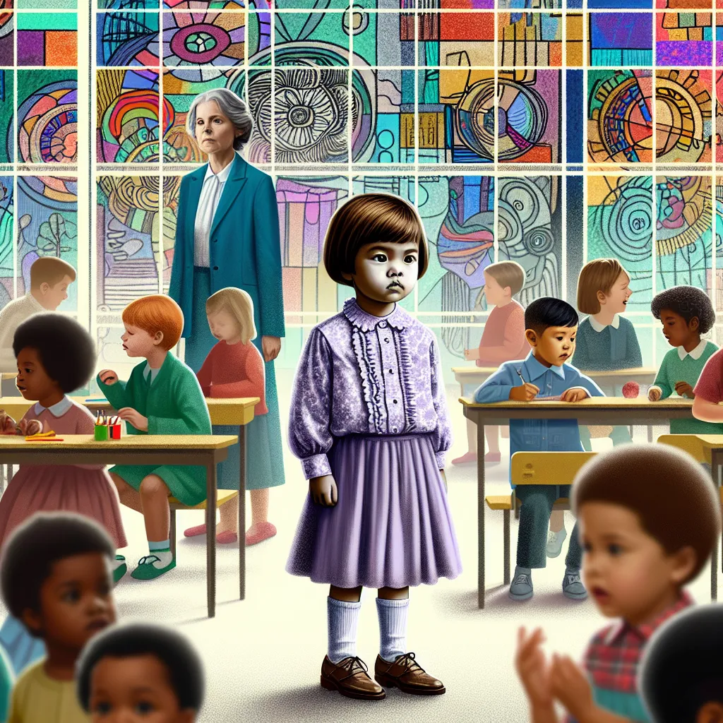 This image accompanies a story where a young boy named Ethan finds himself mysteriously transformed into a girl named Emily during his first day of preschool, as his sister Madison simultaneously experiences a similar transformation into Ethan's body. The picture shows a confused Ethan, now Emily, navigating her new reality in a classroom with abstract art and a stern teacher in a blue suit, all while grappling with her altered appearance and surroundings, including wearing a frilly lilac blouse
