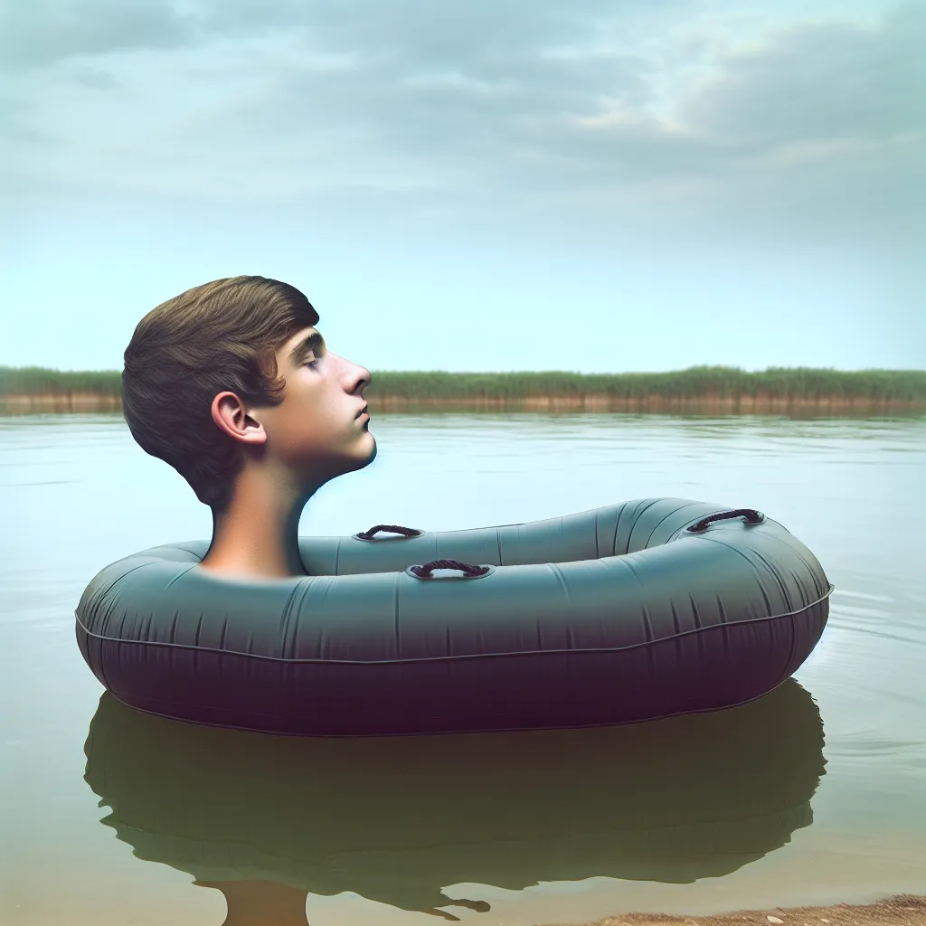 The image accompanying this story depicts a partially transformed teenage boy floating on a serene lake, his body from the neck down resembling that of an inflatable rubber boat.