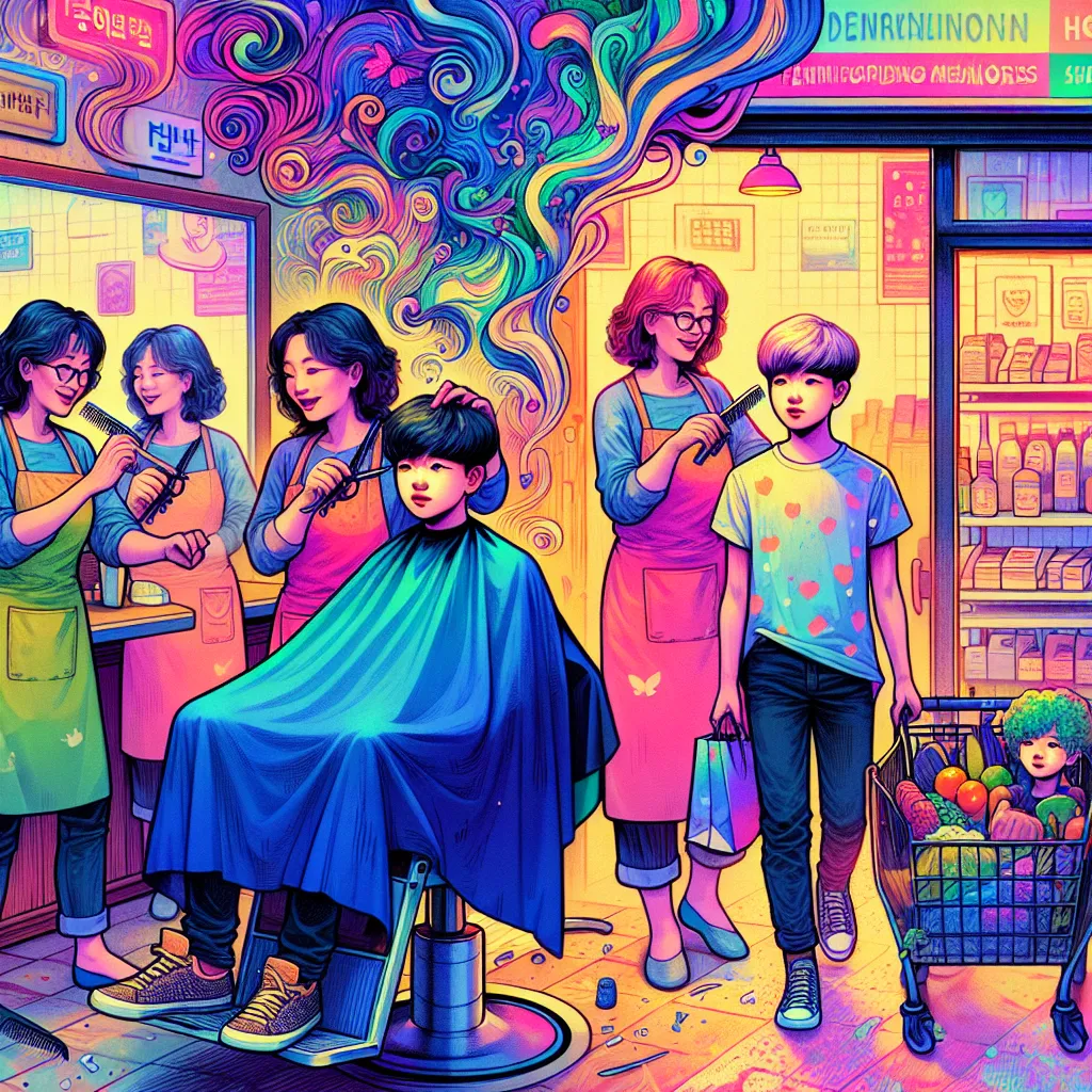 A young boy named Noah and his mother and grandmother prepare for a visit to a vibrant Korean salon. Inside, five stylish women work as Noah receives a haircut and drifts into a dreamlike state. Suddenly, Noah finds himself in a woman's body at a grocery store, his memories fading. The story loops back as this woman continues her day with her children, embracing a new reality. The image captures Noah's surreal journey, transitioning between different lives and identities.