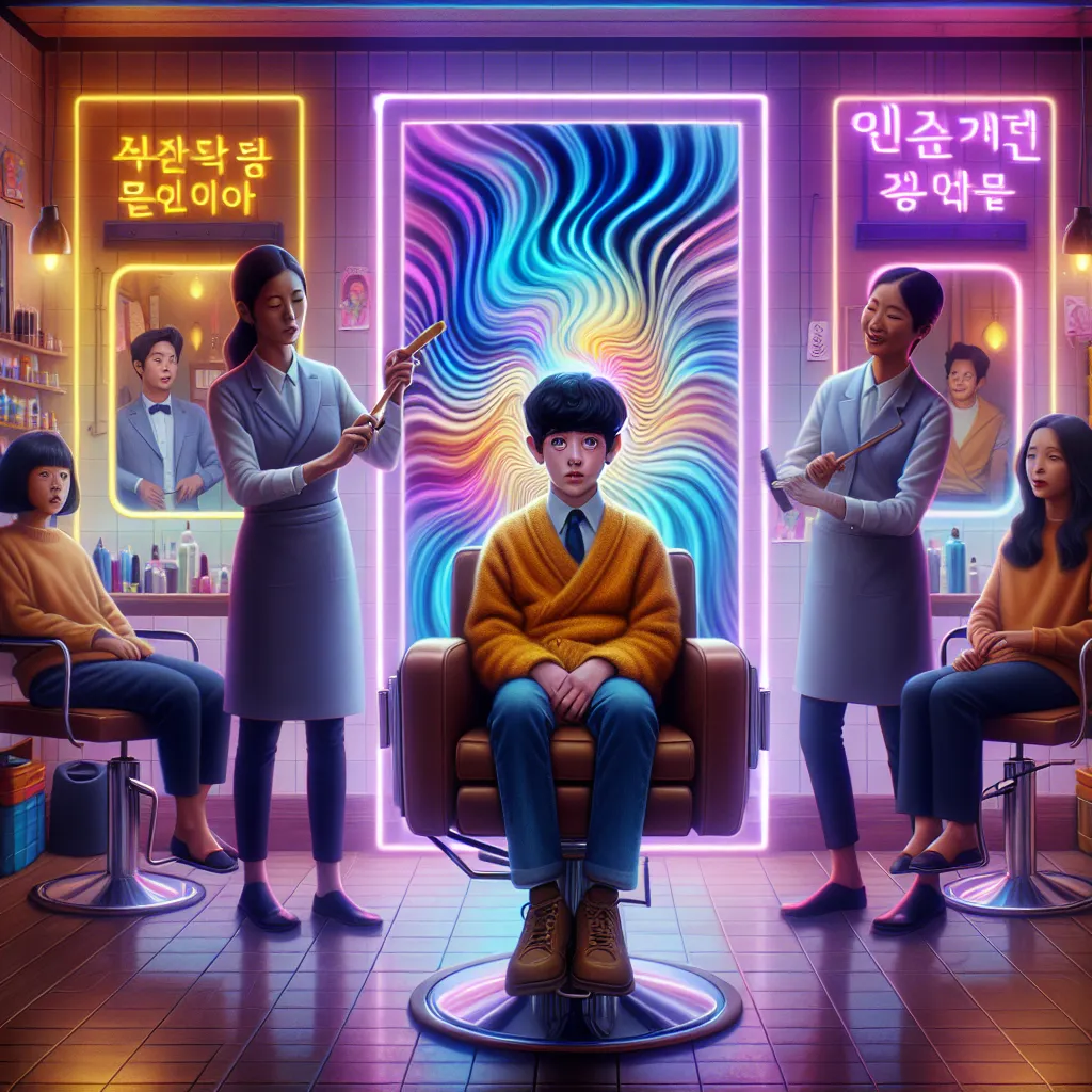 A detailed and engaging story about a boy named Timothy who has a surreal experience at a Korean hair salon. The story captures his transformation, struggles, and eventual return to his own body. Timothy's adventure is filled with mystery, courage, and heartwarming moments with the kind stylists.