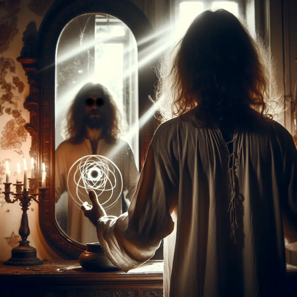 A headless man standing in front of a mirror, reciting an incantation.