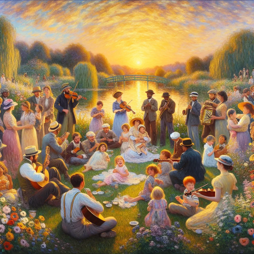 Transformation, Acceptance, Identity, Music, Family. in the style of Monet