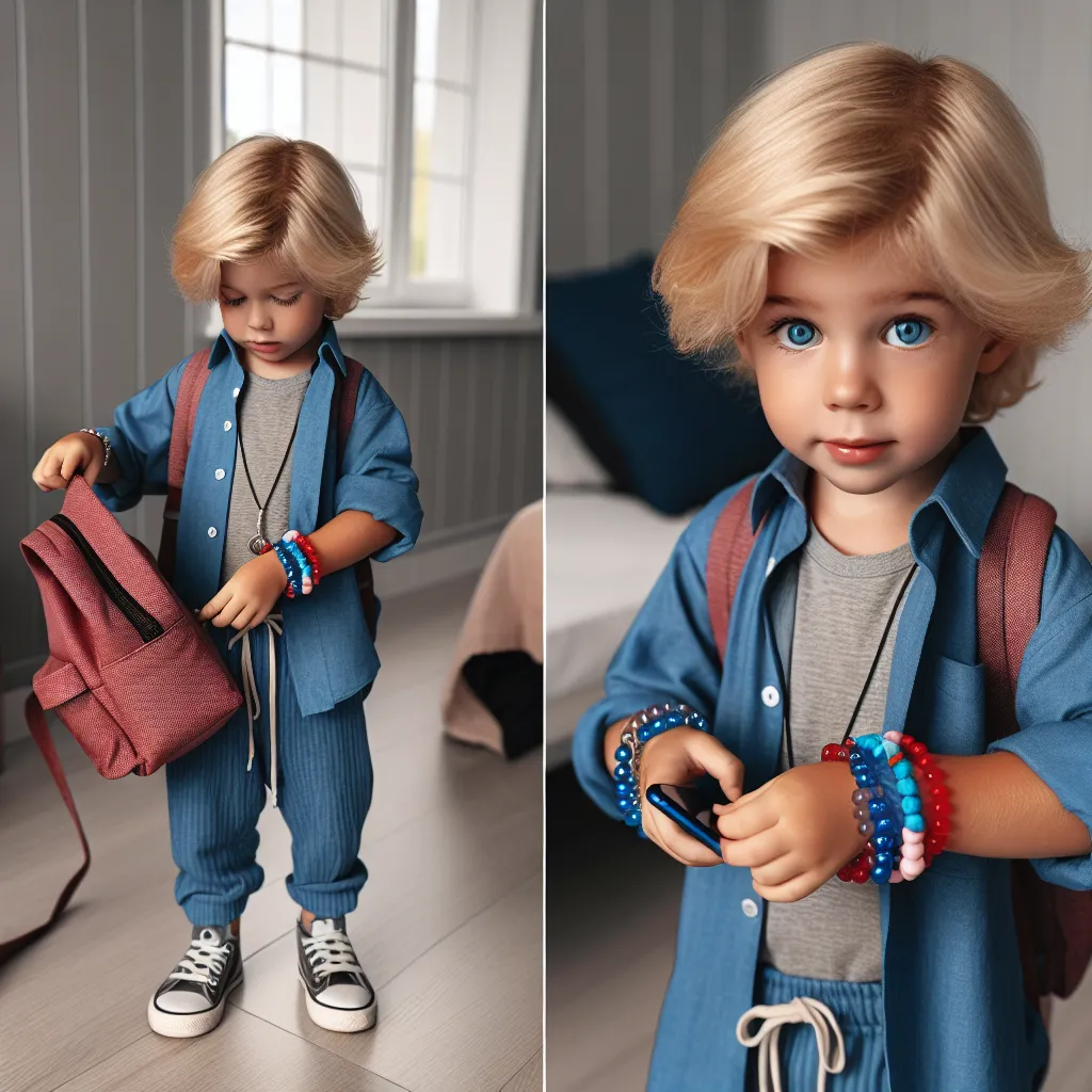 An image of a young boy, Matthew, around six years old, with blonde hair and bright blue eyes, standing awkwardly in a room wearing a red cocktail dress, silver heels, and various pieces of jewelry. He holds a clutch purse and Samantha's phone, while trying to remove the jewelry and appear inconspicuous.