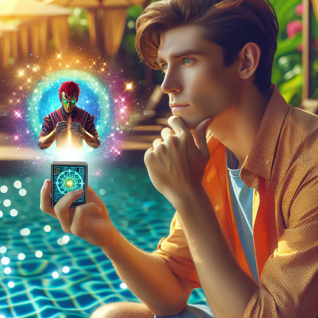 A person holding a mysterious remote control at a poolside, contemplating the power it holds to swap bodies and traits, with their friend transformed into a stunning redhead beside them.