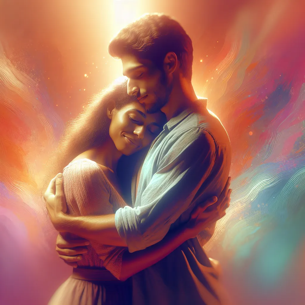 A tender, heartfelt scene of a couple embracing in a warm, glowing light, surrounded by soft, radiant colors symbolizing love, gratitude, and unwavering support.