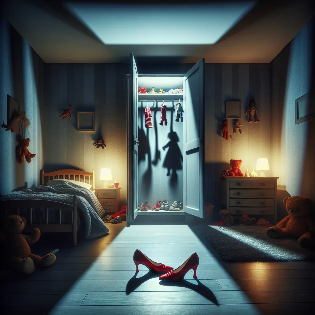 Description: A haunting and mysterious image featuring a young child's bedroom at night. The room is dimly lit, casting long shadows on the walls. A small bed sits against the far wall, surrounded by scattered toys and stuffed animals. In the corner, a closet door is slightly ajar, revealing a pair of red high-heeled sandals ominously floating in mid-air. The image captures the chilling atmosphere and uncertainty of the story, leaving viewers with a sense of unease and anticipation.