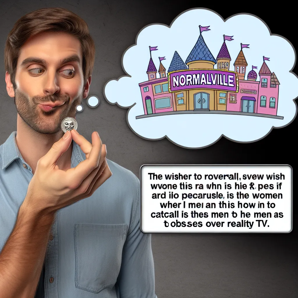 An image of a man named Dave twirling a coin between his fingers, with a mischievous smirk on his face as he considers his wish for a role reversal in a quirky town called Normalville, where women catcall men and men obsess over reality TV. The image captures the humor and whimsy of the story.