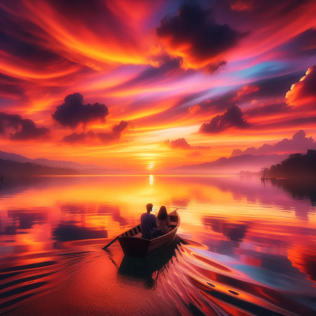 A serene sunset over a tranquil lake with vibrant orange and pink hues reflecting off the water. A small rowboat glides peacefully across the calm surface, carrying two figures enjoying the tranquility of the moment.