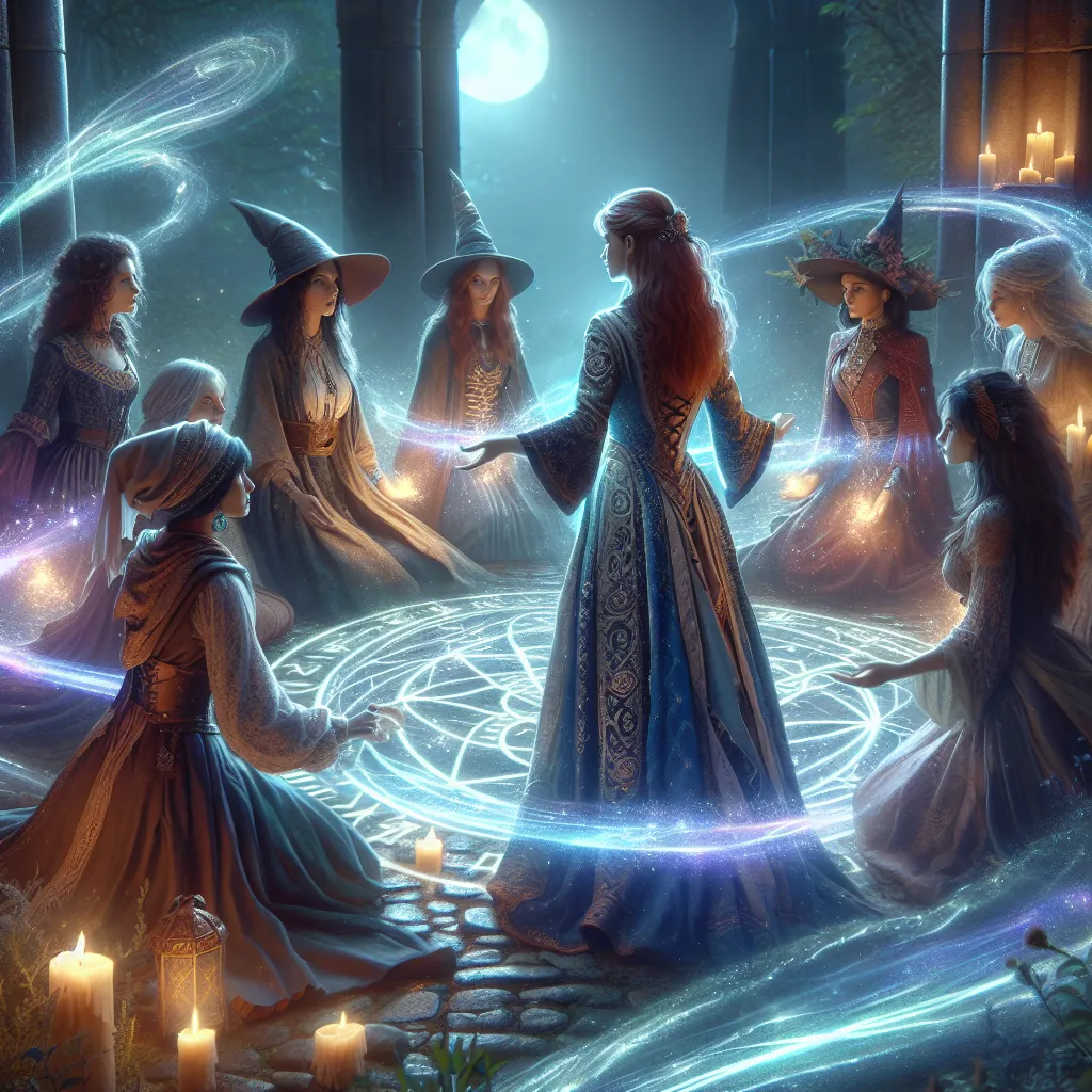 The image will depict a young female witch standing in the midst of a magical circle, surrounded by other witches. She is facing another witch with an intense expression as they perform a spell. The scene conveys a sense of tension and discomfort as the witch undergoes a body swap, symbolized by a magical transfer of attributes.