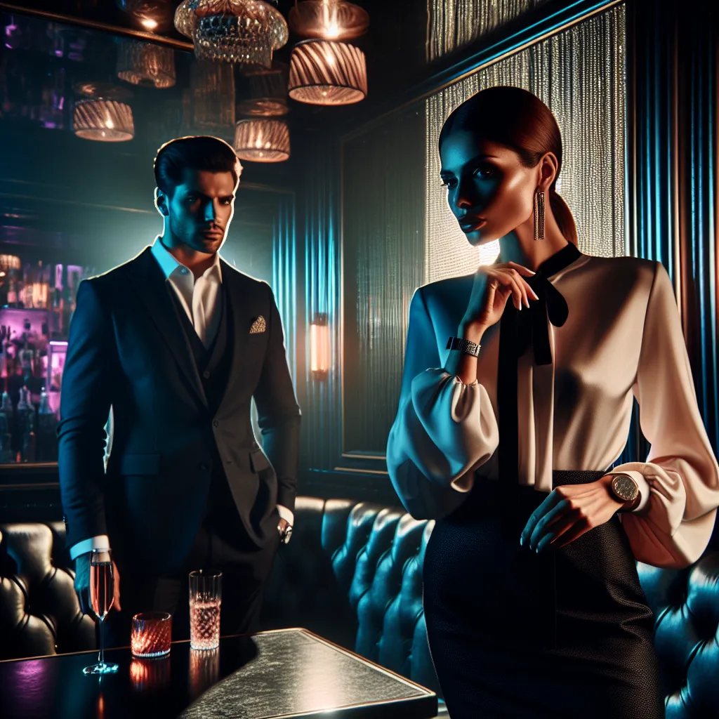 A dramatic scene in a romance story set in a nightclub: A confident woman in a private booth challenges a mysterious man, leading to a tense and passionate encounter that leaves her feeling exposed and conflicted.