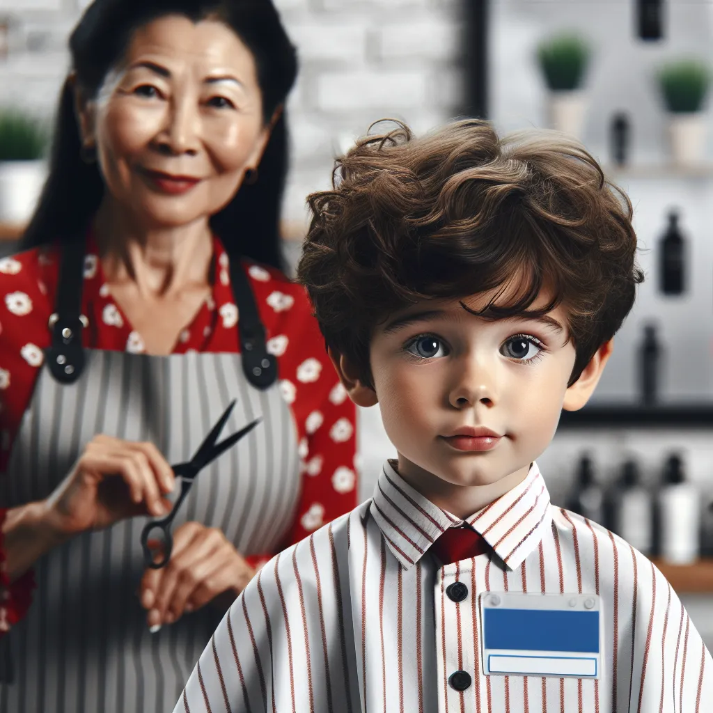 An image to accompany this story could be a portrait of a young boy with curly brown hair, big blue eyes, and a slight look of confusion on his face. He is sitting in a barber's chair, with a Korean woman standing behind him, wearing a red blouse with white flowers. The barber's name tag reads "Mrs. Kim" and she is holding a pair of scissors. The background of the image could show a clean and modern barber shop setting.